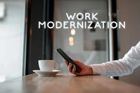 Sign displaying Work Modernization. Word for changing product service and 写真素材