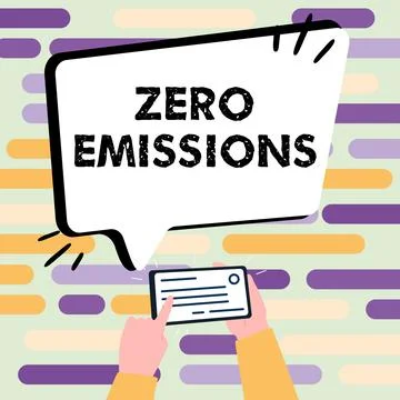 Sign displaying Zero Emissions. Word Written on emits no waste products that Illustrazione stock