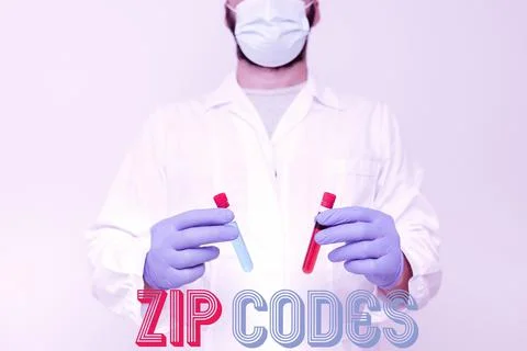 Sign displaying Zip Codes. Concept meaning numbers added to a postal address to Stockfoto's