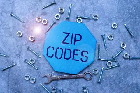 Sign displaying Zip Codes. Internet Concept numbers added to a postal address to Stock Photos