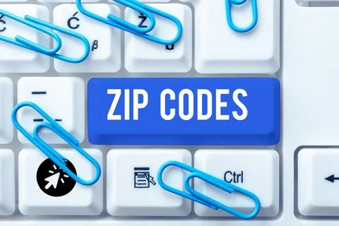 Sign displaying Zip Codes. Word for numbers added to a postal address to assist Foto stock