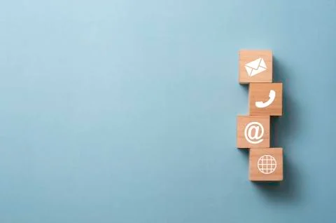 Sign of e-mail , address and telephone print screen on wooden block cube Stock Photos