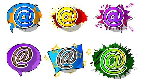 At sign, E-Mail, mail internet symbol. Comic book word text on abstract comic Stock Illustration