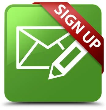 Sign up (edit mail icon) soft green square button red ribbon in corner Stock Illustration