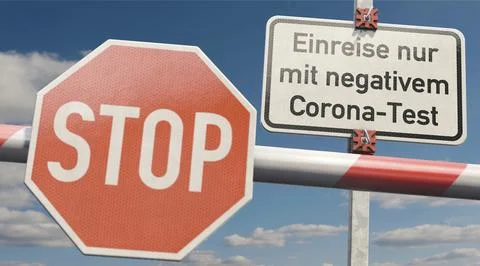 Sign: Entry only with negative Corona test. Stop sign and German info sign: Stock Illustration