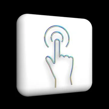 The sign of the finger of the hand presses a button, a 3d icon on a white cube, Stock-Illustration