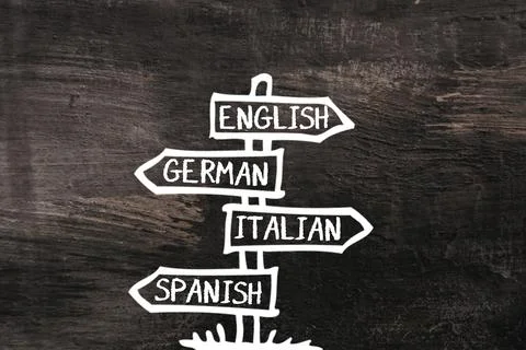 Sign with four different languages on it Stock Photos
