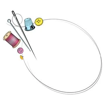 Sign frame sewing and cutting, scissors needle buttons spool of thread Stock-Illustration