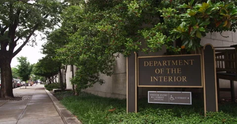 Sign in front of the Department of the Interior, Washington DC. Shot in 2012. Stock Footage 59307596