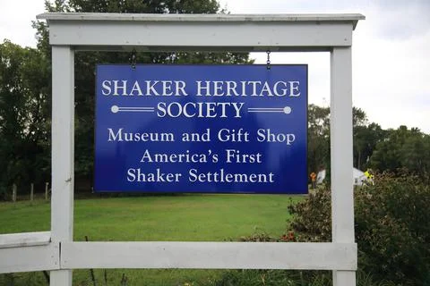 Sign on the grounds of the first Shaker settlement in the US, Stock Photos