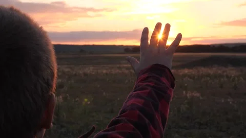 Sign hand finger sunset gesture, boy child son kid sun, childish happiness Stock Footage 244015239
