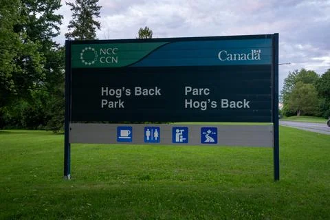 Sign of Hog's Back Park in Ottawa. Ottawa, Canada - June 24, 2026. Stock Photos
