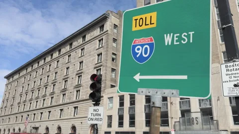 Sign for I90 West intersection in downtown Boston 4k Video stock 303866416