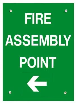 A sign indicating the way to a fire assembly point. Stock Illustration