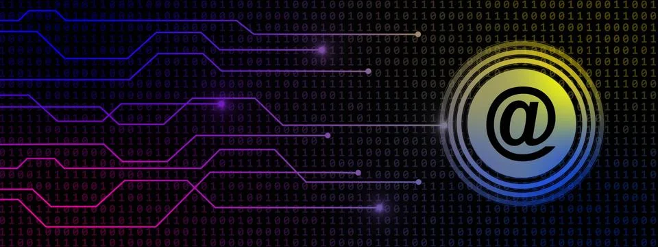 AT sign with information connecting lines on binary code background Illustrazione stock