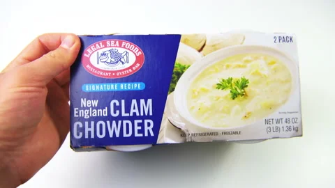 Sign label of clam chowder storebought in Costco by Legal Sea Foods company Stock Footage 169347092