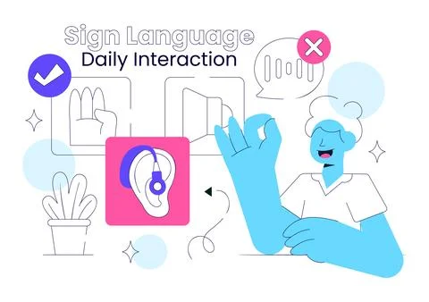 Sign Language Daily Interaction Illustration Featuring Deaf Communication, .. Stock Illustration