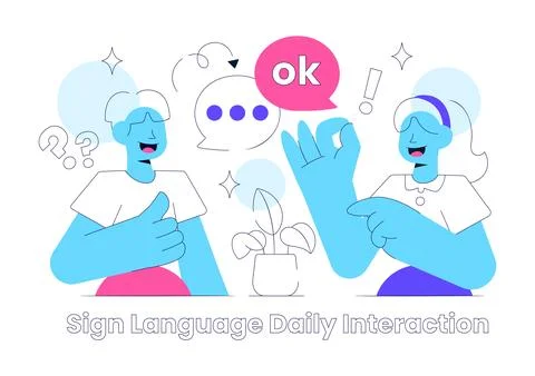 Sign Language Daily Interaction Illustration Featuring Deaf Communication, .. Stock Illustration