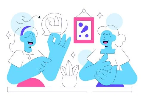 Sign Language Daily Interaction Illustration Featuring Deaf Communication, .. Stock Illustration