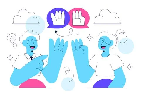 Sign Language Daily Interaction Illustration Featuring Deaf Communication, .. Stock Illustration