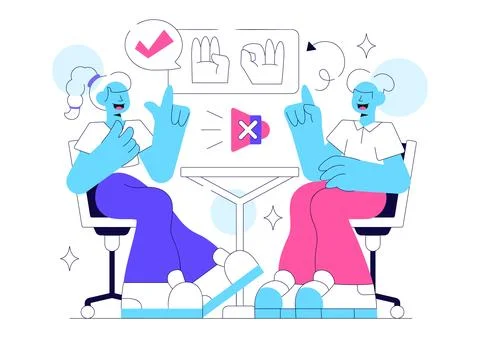 Sign Language Daily Interaction Illustration Featuring Deaf Communication, .. Stock Illustration