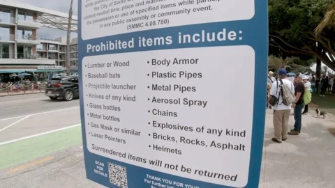 Sign listing prohibited items at Santa Monica beach Stock Footage 159772489