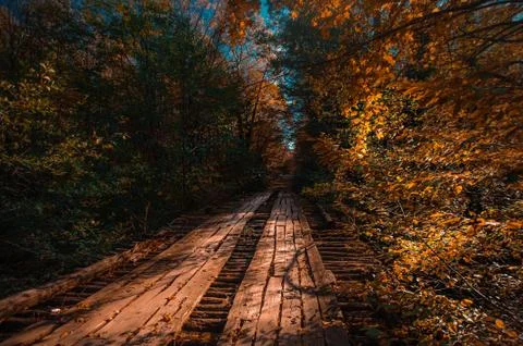 A sign located on a train track with trees in the background Stock Photos