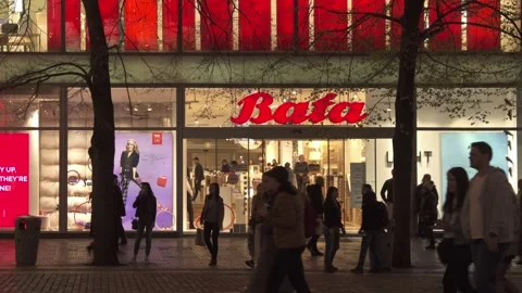 Sign logo on Bata store in Prague. Editorial Stock-Footage 255676422