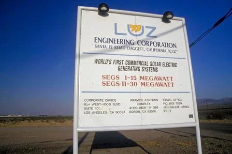 Sign for the LUZ Engineering Corporation Solar Plant in Barstow, CA Stock Photos