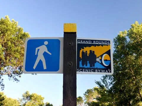 Sign Marking Walking Path along Lake Calhoun in Minneapolis, Minnesota Stock Photos