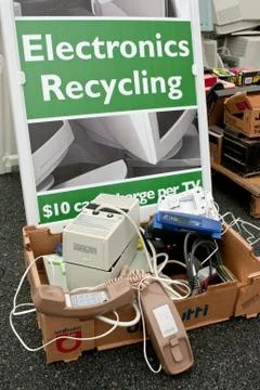 Sign marks spot to dump electronics at recycling event Stock Photos