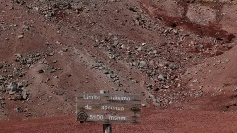 Sign of maximum ascent limit at 5100 meters on Chimborazo Volcano with impo.. Stock Footage 280338512