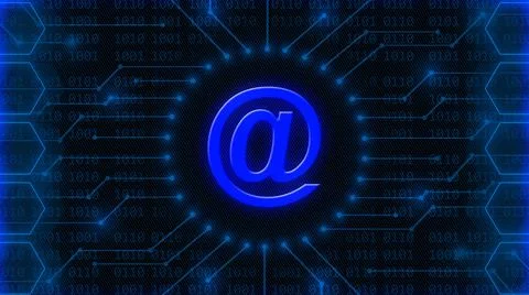 AT sign in middle of 4-digit binary code behind information connecting lines Illustrazione stock