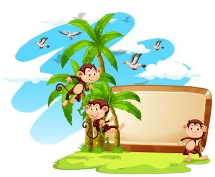 Sign with monkeys and coconut tree Illustrazione stock