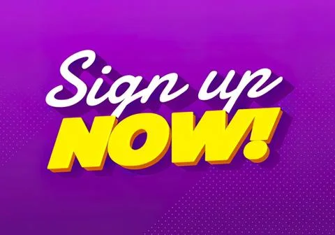 Sign up now text with bold yellow and white letters on purple background Stock Illustration