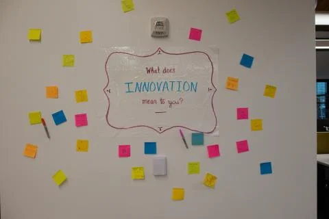 Sign on office wall, what does innovation mean to you Stock Photos