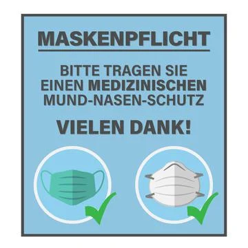 Sign or poster with text BITTE TRAGEN SIE EINEN MEDIZINISCHEN MUND-NASEN-SCHUTZ イラスト素材