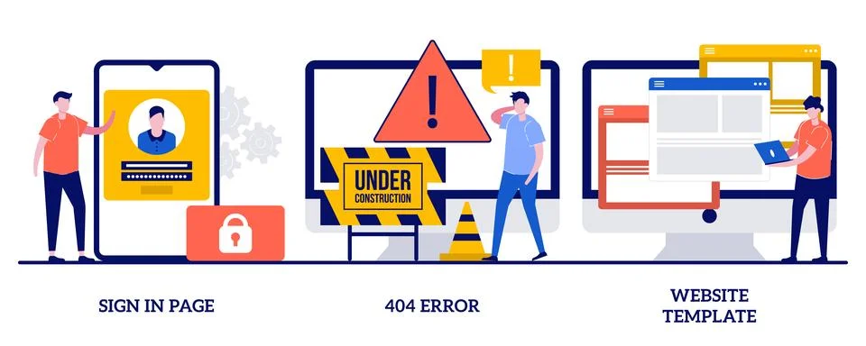 Sign in page, 404 error, website template concept with tiny people. Web pag.. Stock Illustration