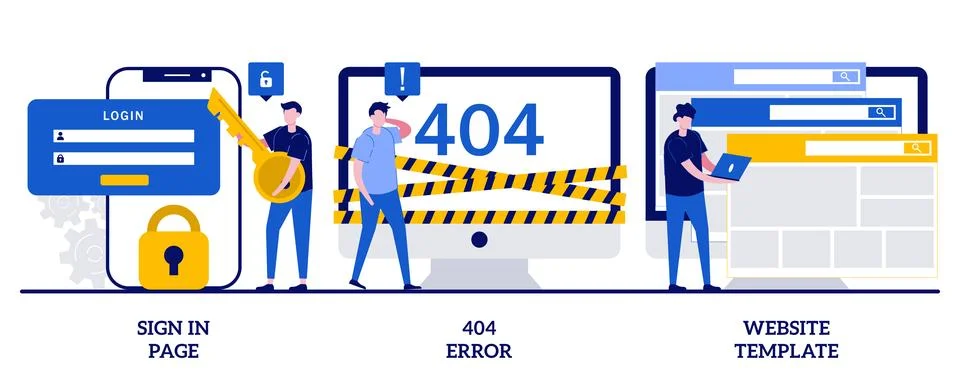 Sign in page, 404 error, website template concept with tiny people. Website.. Stock Illustration