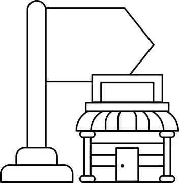 A sign is on a pole next to a building Ilustración de archivo