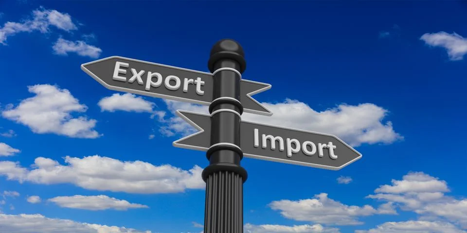 Sign post Export Import blue sky background Illustrazione stock