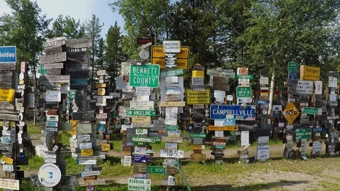 The Sign Post Forest of Watson Lake along the Alaska Highway in Canada Stock Footage 124226504