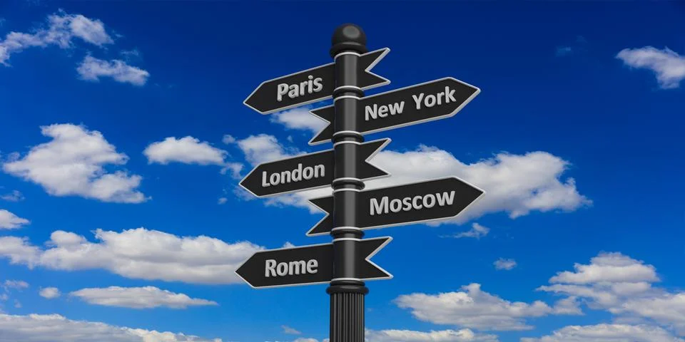 Sign post misc cities blue sky background Stock Illustration