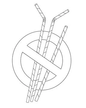 Sign prohibiting the use of plastic drinking straws - vector linear illustration Stock Illustration