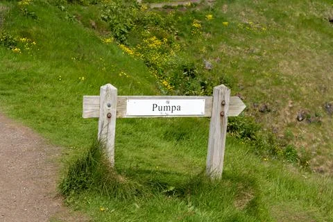 Sign for the Pumpa viewpoint in Arnarstapi on the Snaefellsnes Peninsula in.. Stock Photos