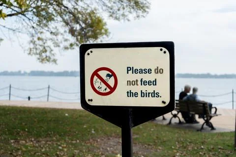 A sign reads 'Please do not feed the birds' near a lake on a cloudy day. Stock Photos