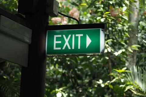 Sign showing exit direction in a green color among trees Stock Photos