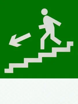 The sign shows the direction down to the evacuation exit on a white backgro.. Stock Illustration