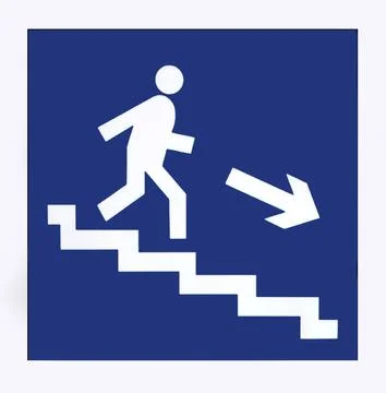 The sign shows the direction down to the evacuation exit on a white backgro.. Ilustración de archivo