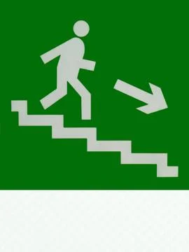 The sign shows the direction down to the evacuation exit on a white backgroun Stock Illustration